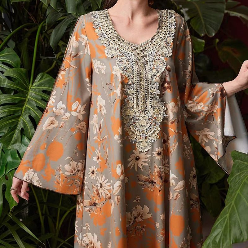 Women's Elegant Plus Size Floral Print Maxi Dress - Middle Eastern Bohemian Style Embroidery Long Dress - sidwish