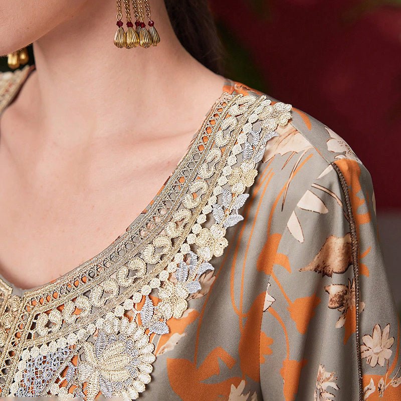 Women's Elegant Plus Size Floral Print Maxi Dress - Middle Eastern Bohemian Style Embroidery Long Dress - sidwish