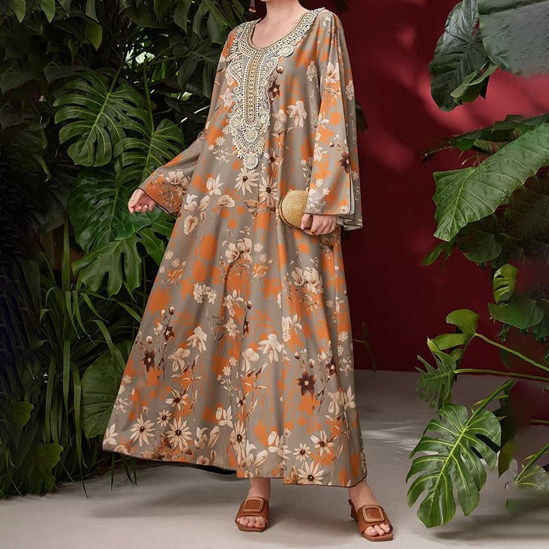 Women's Elegant Plus Size Floral Print Maxi Dress - Middle Eastern Bohemian Style Embroidery Long Dress - sidwish