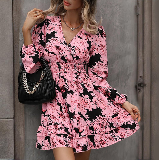 Women's Elegant Printed Lantern Sleeve A - Line Dress V - Neck, Ruffled Gathered Waist Detail, Flowy Midi Dress For Casual & Formal Occasions - sidwish