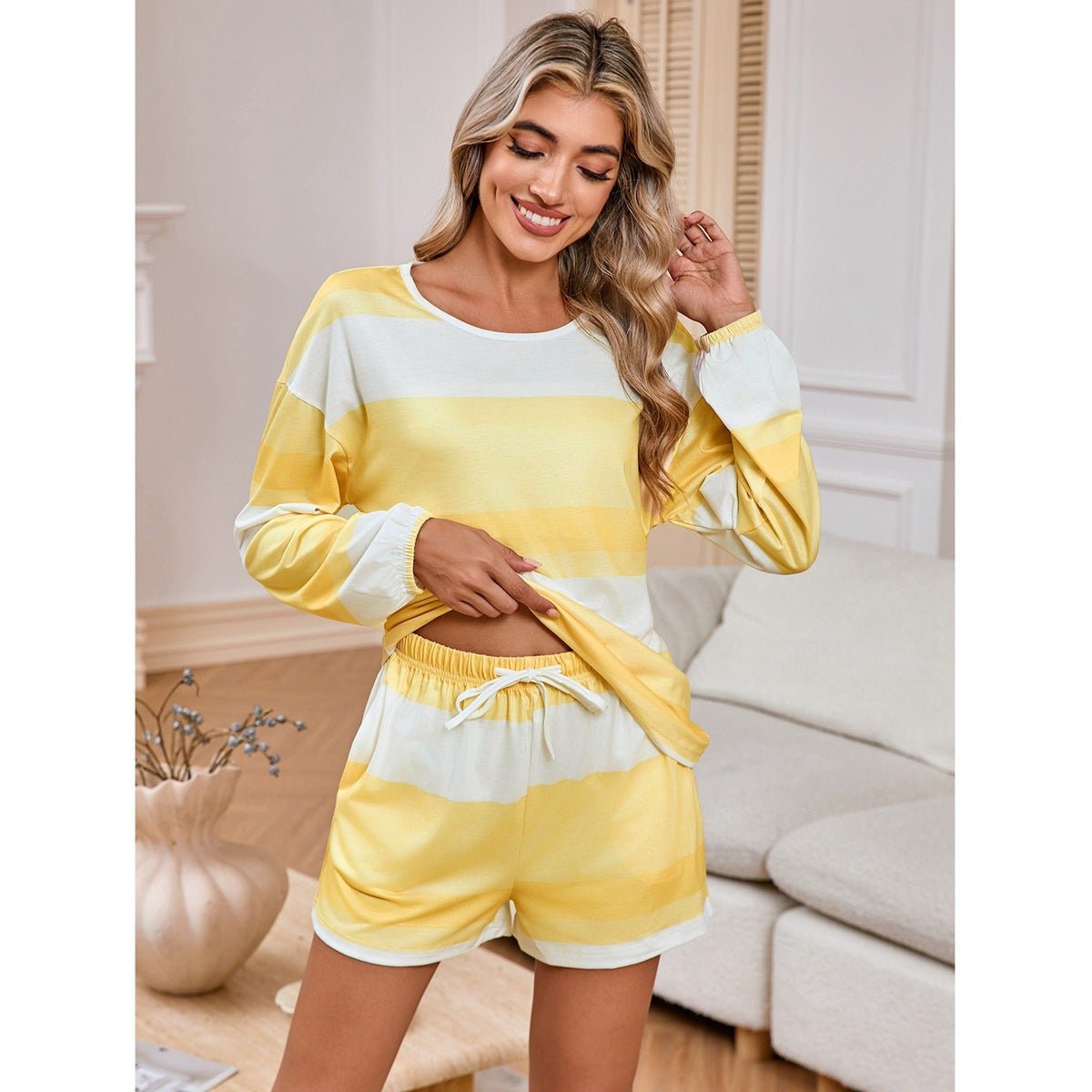 Women's Long Sleeve Striped Top Shorts Casual Suit Pajamas - sidwish