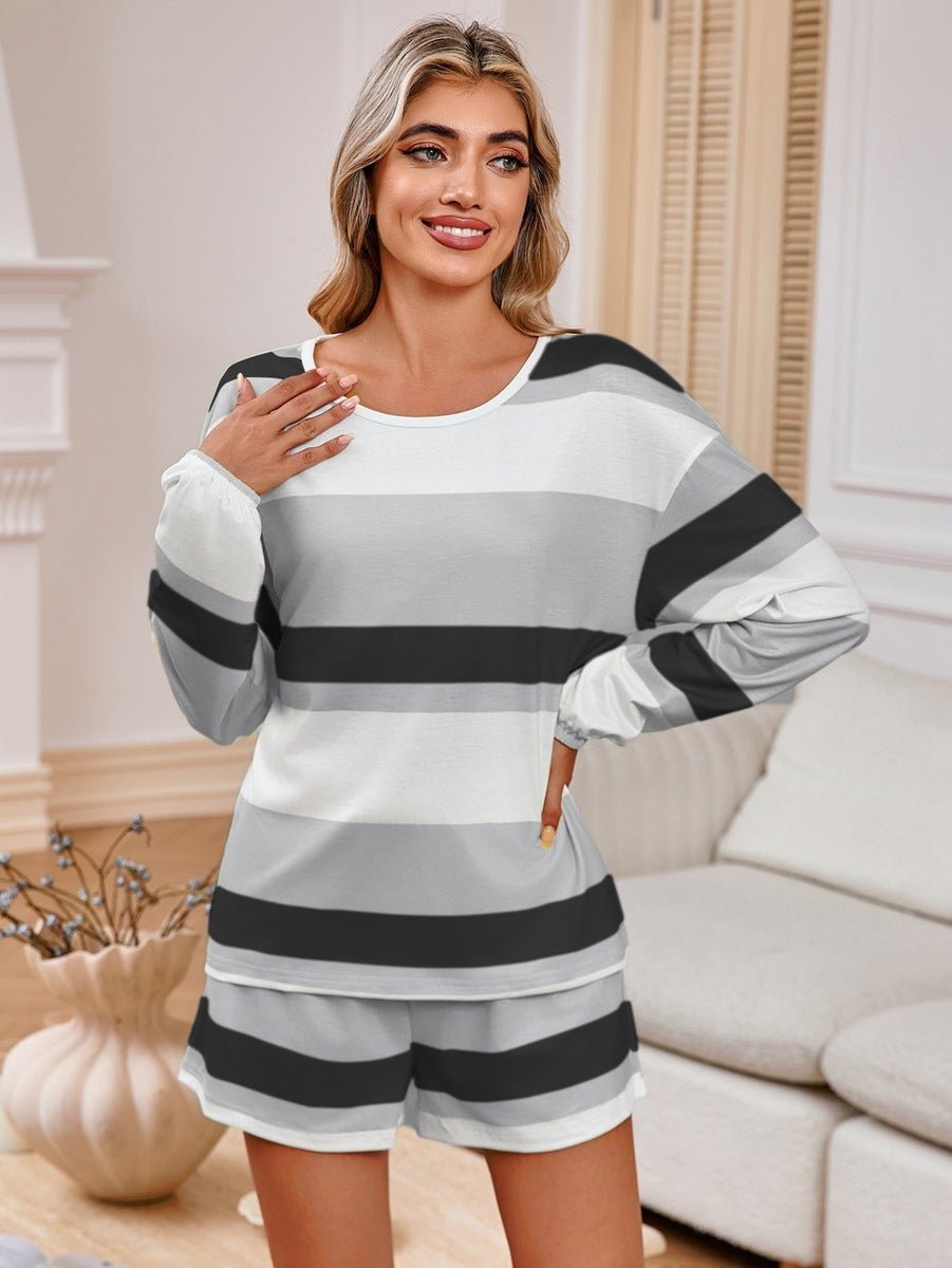 Women's Long Sleeve Striped Top Shorts Casual Suit Pajamas - sidwish