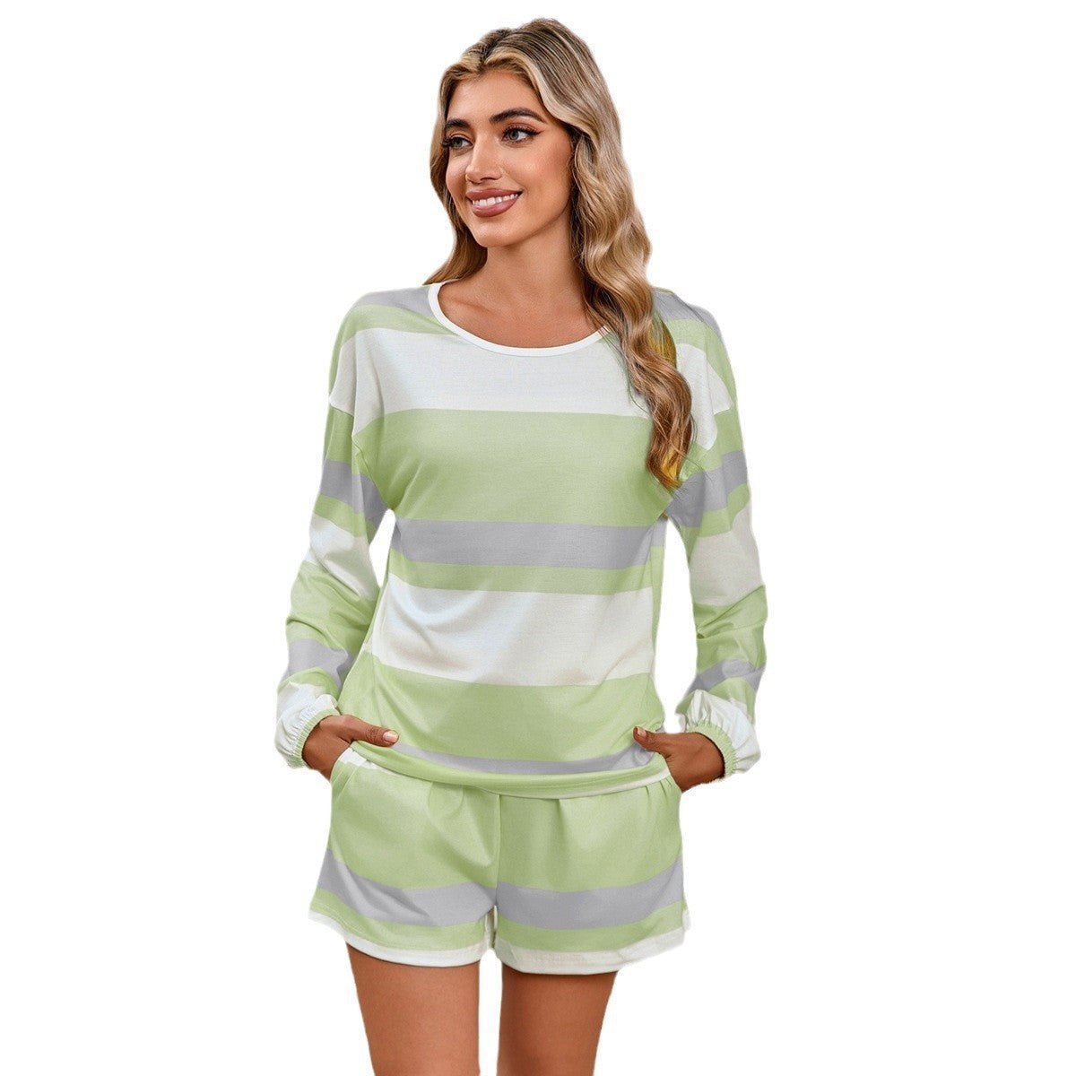 Women's Long Sleeve Striped Top Shorts Casual Suit Pajamas - sidwish