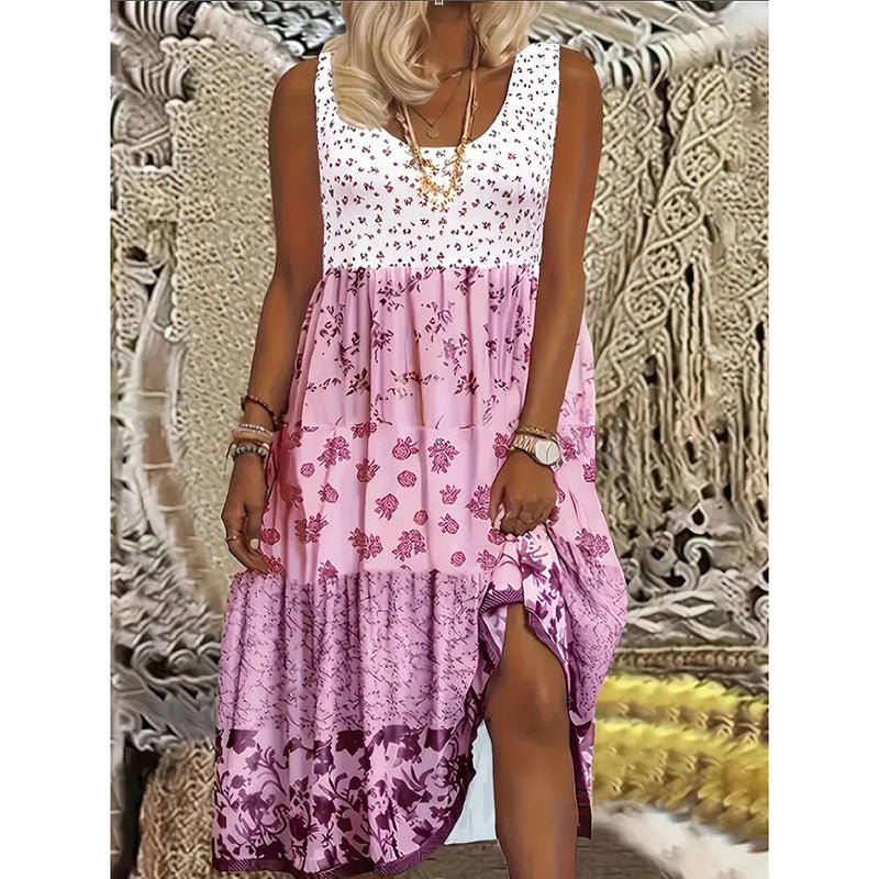 Women's Plus Size Boho Floral Dresses Sleeveless Tiered Pleated Swing Long Sundress - sidwish
