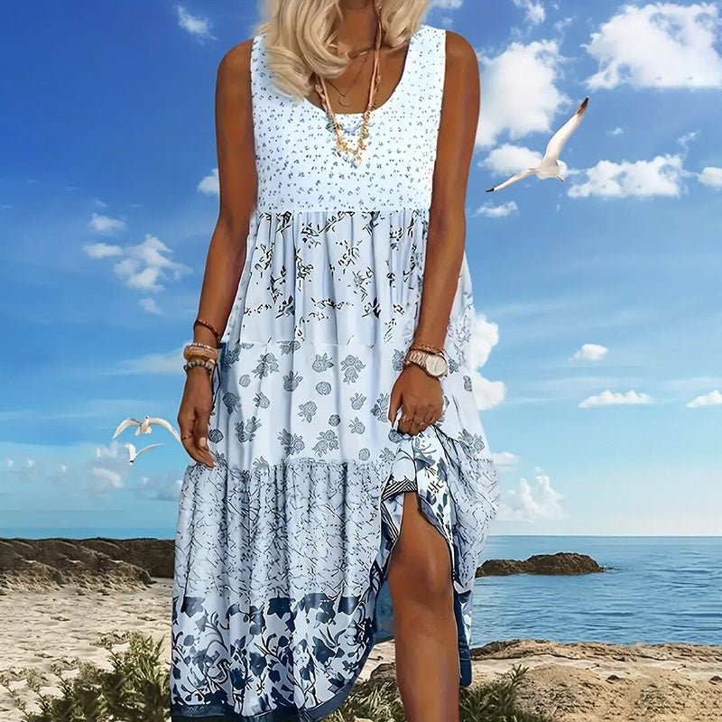 Women's Plus Size Boho Floral Dresses Sleeveless Tiered Pleated Swing Long Sundress - sidwish