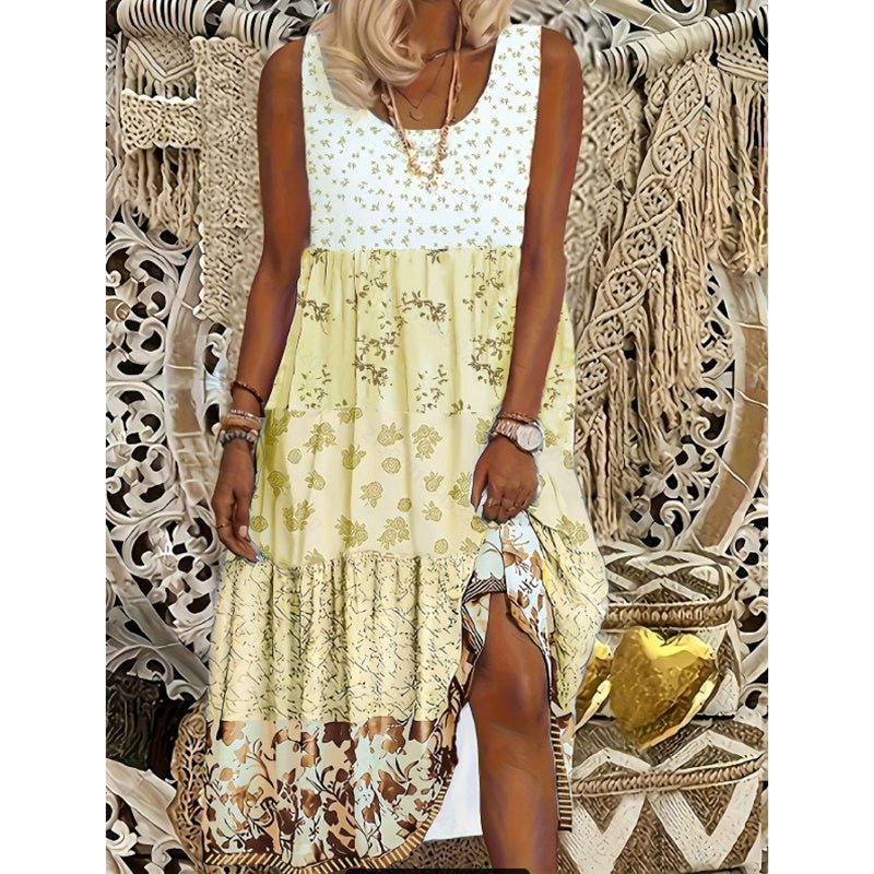 Women's Plus Size Boho Floral Dresses Sleeveless Tiered Pleated Swing Long Sundress - sidwish