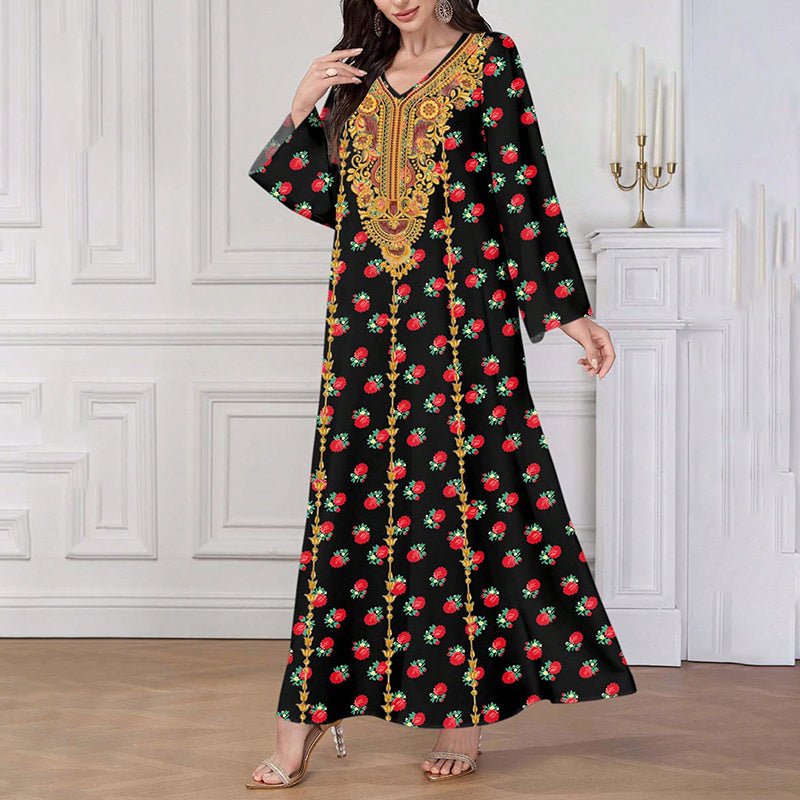 Women's Plus Size Ethnic Maxi Dress - Bohemian Embroidered Floral Print V - Neck Retro Long Dress - sidwish