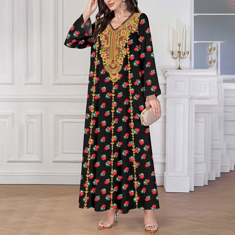 Women's Plus Size Ethnic Maxi Dress - Bohemian Embroidered Floral Print V - Neck Retro Long Dress - sidwish