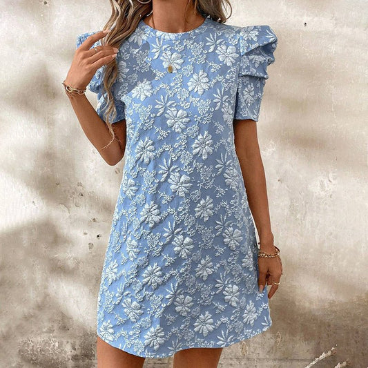 Women's Puff Sleeve A - Line Mini Dress Crew Neck Floral Casual Summer Dress - sidwish