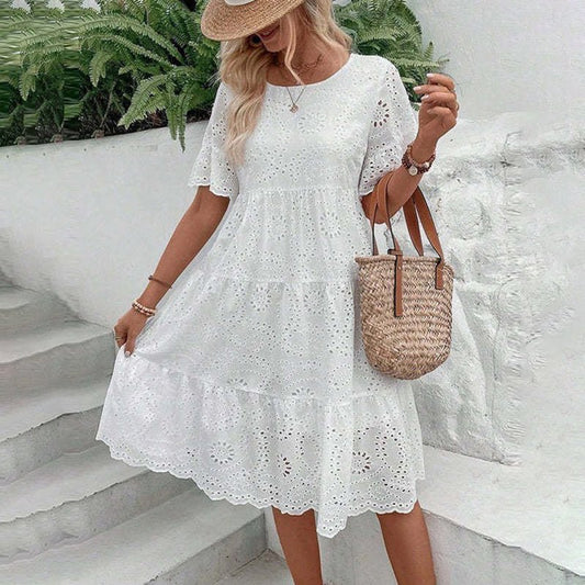 Women's Round Neck Embroidered Lace Short Sleeve A - Line Elegant Summer Vacation Dress - sidwish