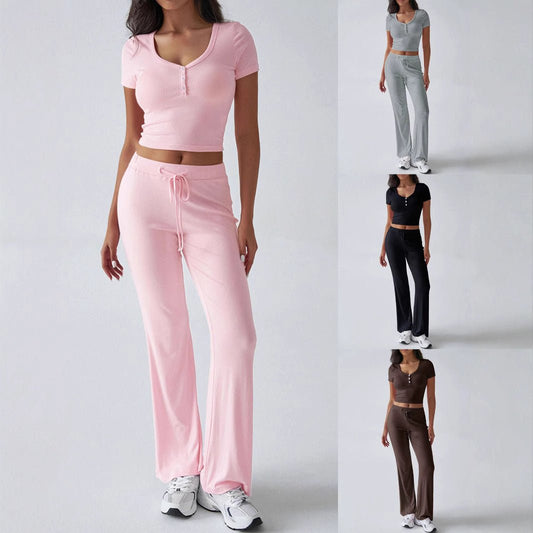 Women's Solid Color Crew Neck Casual Fashion Suit Summer - sidwish