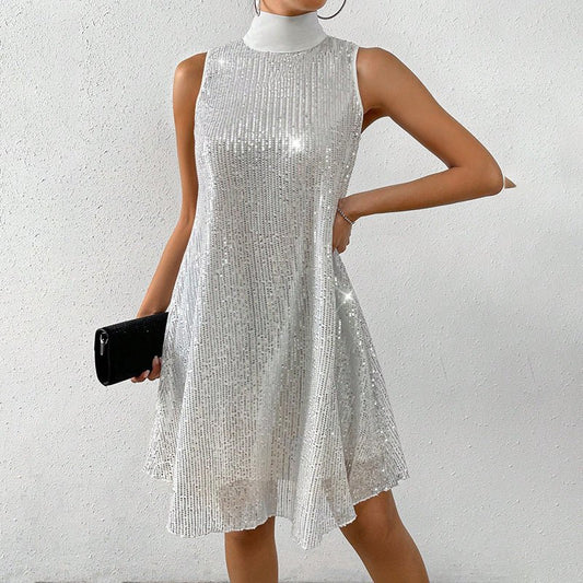 Women's Sparkly Sequin Sleeveless Mock Neck Dress Glittery Evening Party Dress - sidwish