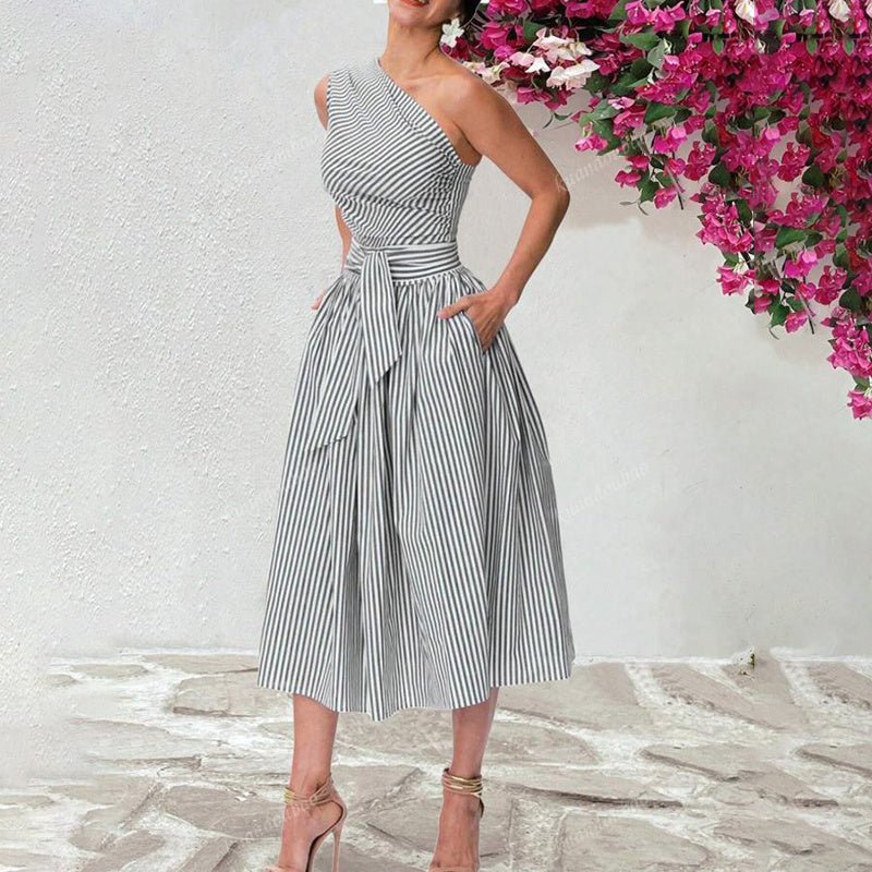Women's Summer One Shoulder Striped Midi Dress Elegant Tie Waist Bodycon Dresses With Pockets - sidwish