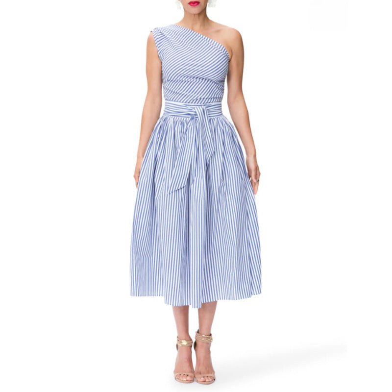 Women's Summer One Shoulder Striped Midi Dress Elegant Tie Waist Bodycon Dresses With Pockets - sidwish