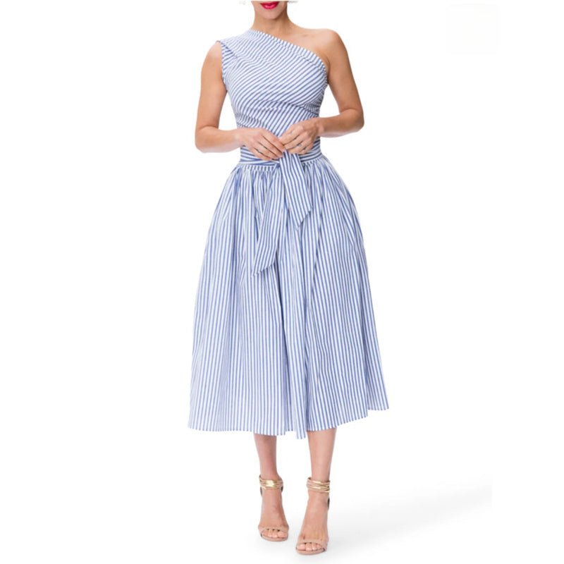 Women's Summer One Shoulder Striped Midi Dress Elegant Tie Waist Bodycon Dresses With Pockets - sidwish