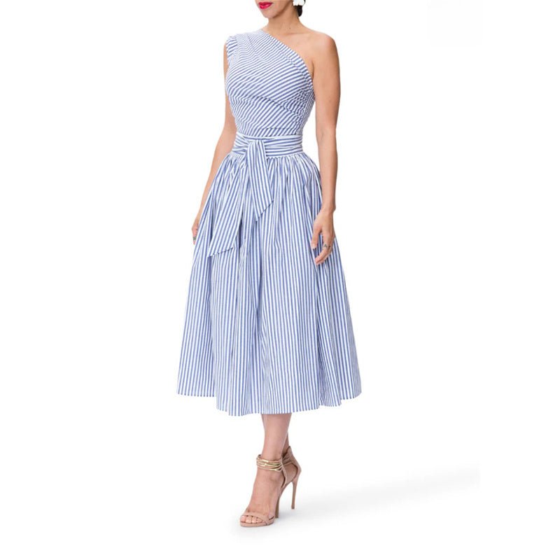 Women's Summer One Shoulder Striped Midi Dress Elegant Tie Waist Bodycon Dresses With Pockets - sidwish