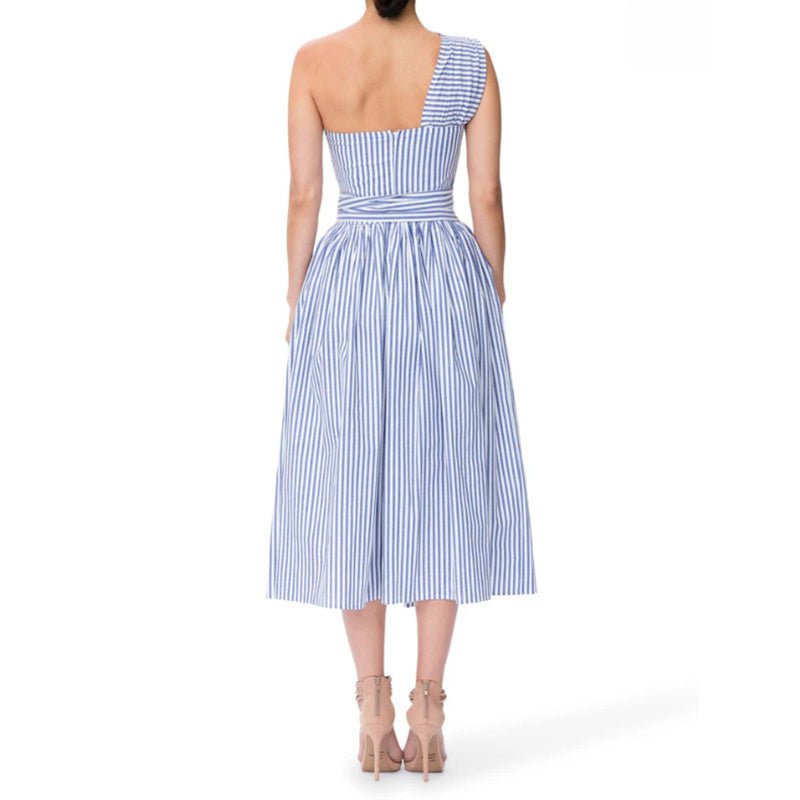 Women's Summer One Shoulder Striped Midi Dress Elegant Tie Waist Bodycon Dresses With Pockets - sidwish