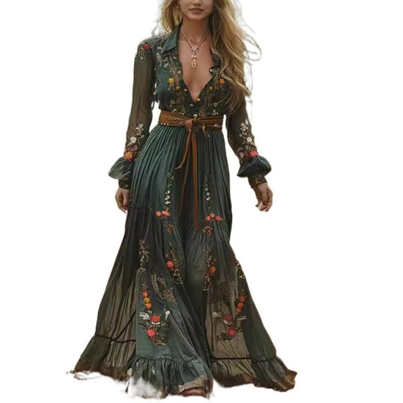 Women's Turn - Down Collar Button - Up Long Sleeve Floral Print Dress With Ruffles Cuffs & Hem Spring Summer Beach Maxi Dress - sidwish