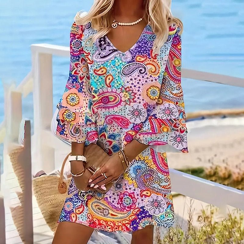 Women's V - Neck Floral Print Dress 3 4 Sleeve Summer Beach Vacation Dress With Pockets - sidwish