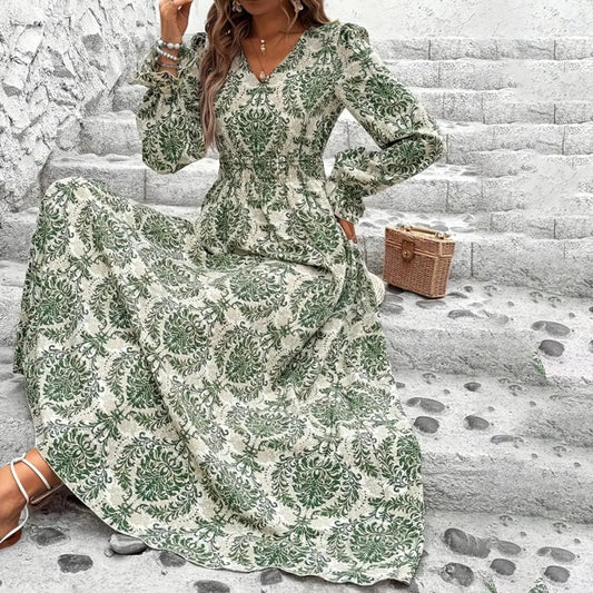 Women's V - Neck Floral Print Long Sleeve Maxi Dress - A - Line Hem With Lace Cuff Details, Elegant Bodycon Dress For Spring&Summer - sidwish