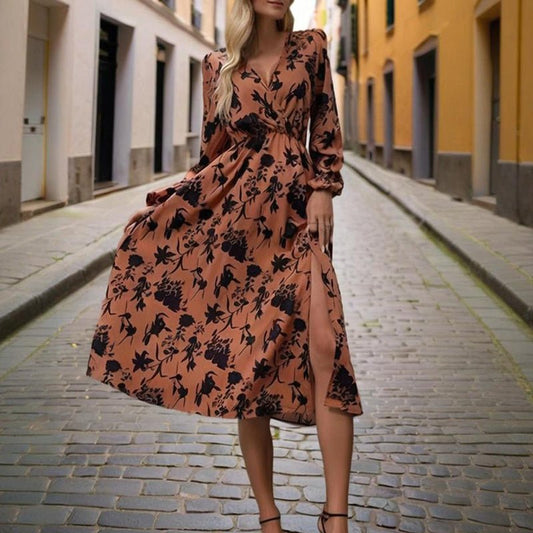 Women's V - Neck Long Sleeve Boho Maxi Dress Floral Print Cuffed Sleeves With Hem Side Slit & Waist A - Line Beach Vacation Dress - sidwish