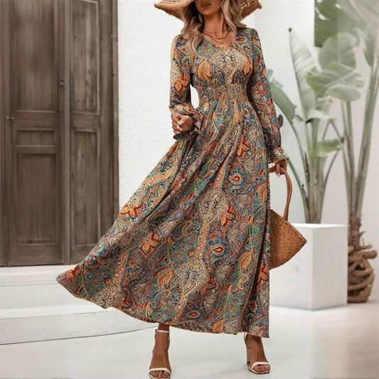 Women's V - Neck Retro Geometric Print Flounce Sleeve Dress - A - Line Maxi Dress With Smocked Waist For Spring&Summer - sidwish