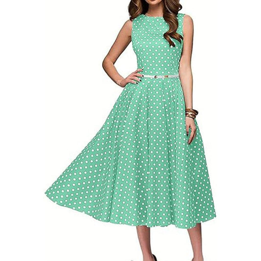 Women's Vintage Polka Dot Sleeveless Dress O - Neck Summer Cocktail Party Dress - sidwish