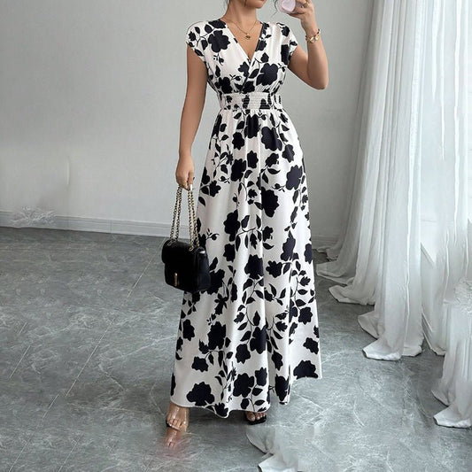 Women's Wrap V Neck Short Sleeve Empire Elastic Waist Summer Casual Elegant Maxi Long Dresses - sidwish