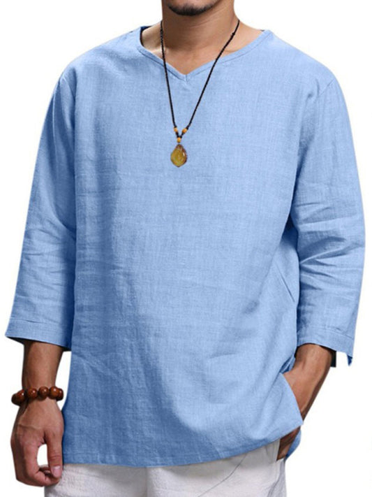 Men's Long Sleeve V Neck Cotton Linen Loose Shirt - Sidwish