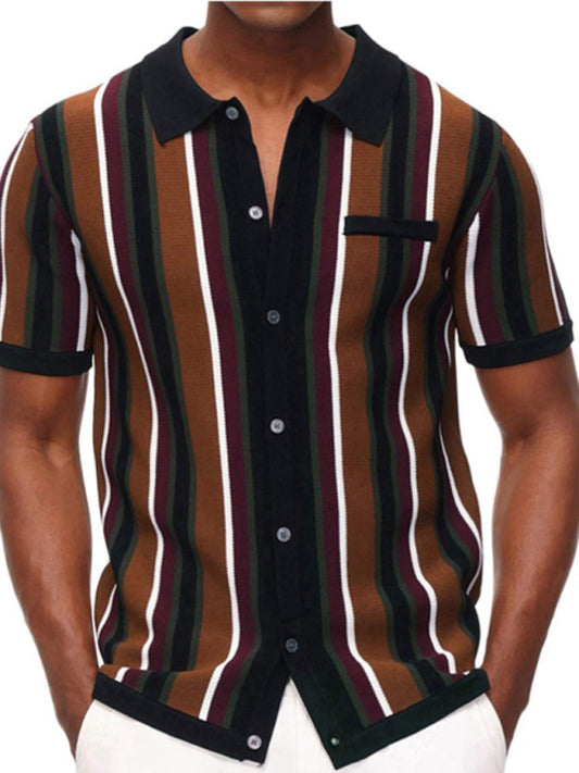 Men's single Breasted Color Contrast Stripe Short Sleeve Shirt - Sidwish