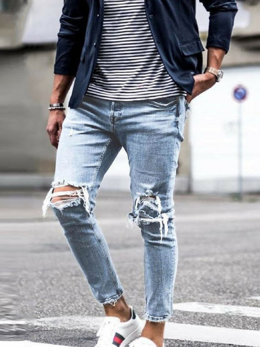Men's solid casual ripped pencil jeans - Sidwish