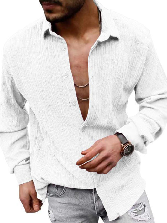 New Men's Solid Color Casual Lapel Long Sleeve Shirt - Sidwish