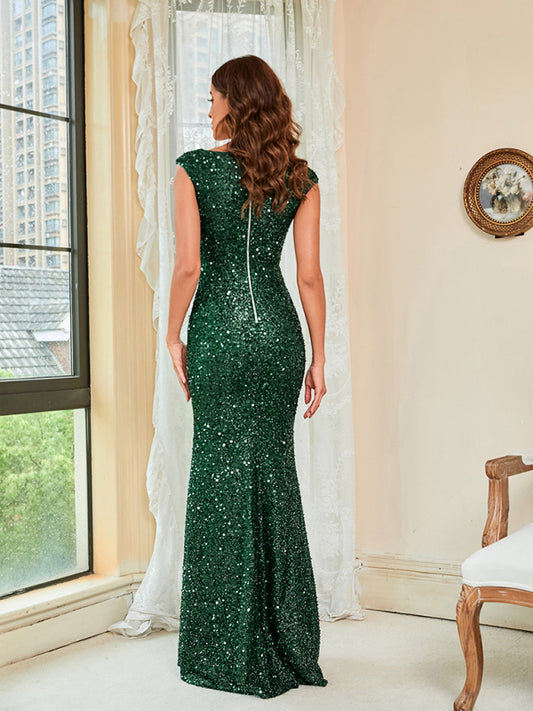 Woman'S Sequin Temperament Green Sling Mid Waist Party Long Floor Dress - Sidwish
