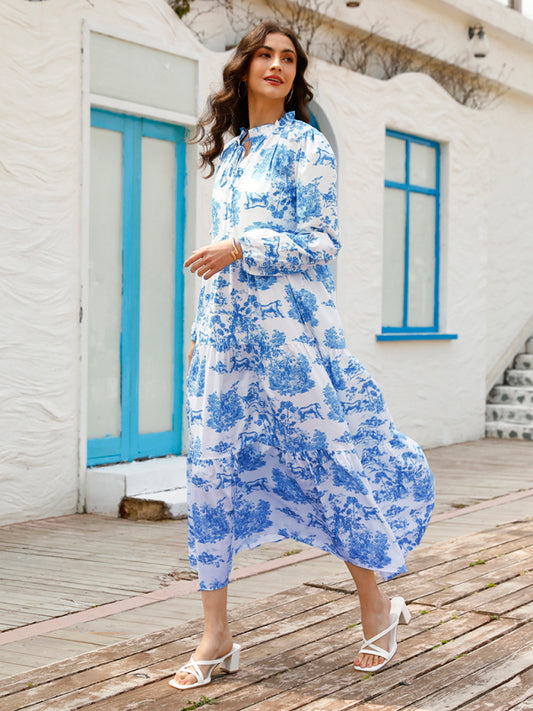 Women's Fashion Print Ruffle Neck Long Sleeve Resort Dress - Sidwish