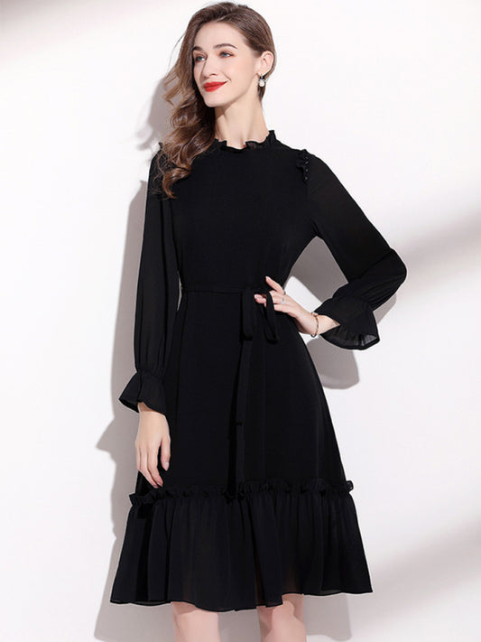 Women's Long Sleeve Fungus Belted Dress - Sidwish