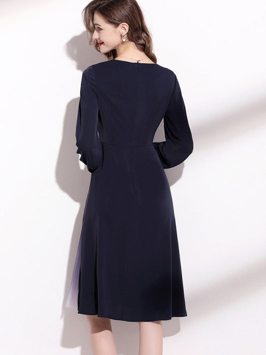 Women's V-Neck Long Sleeve Mesh Panel Midi Dress - Sidwish