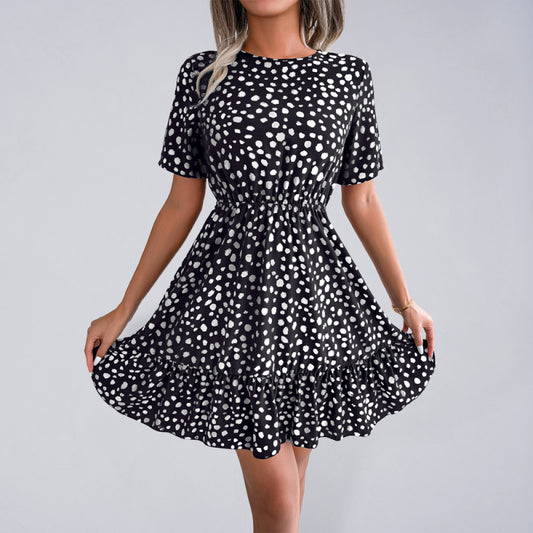 New casual polka dot waist ruffled dress - Sidwish