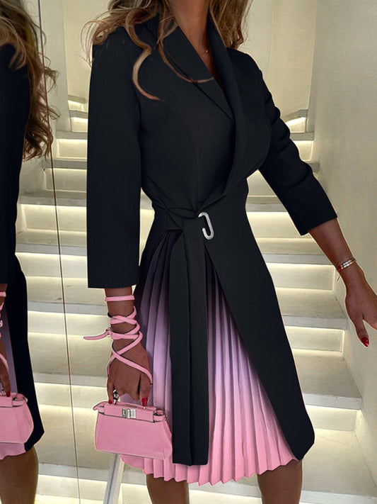 V-neck fashion tie waist mid-sleeve pleated suit dress - Sidwish